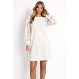 Express White Knit Shift Dress Lace Long Sleeve Crewneck Mini Tunic Size L NWT